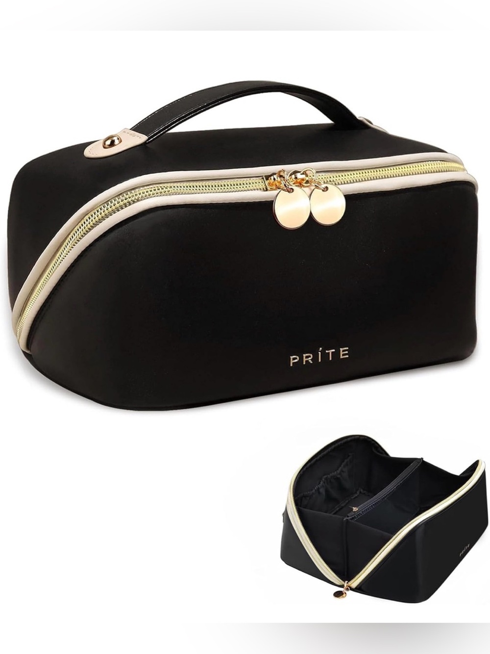 Black Travel Cosmetic Bag with Gold Accents